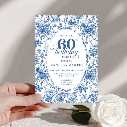 Refined Navy Roses Floral Toile 60th Birthday  Einladung