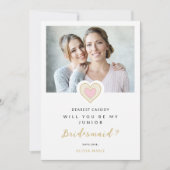 Refined Pink Lace Heart Photo Jr Bridesmaid Einladung (Vorderseite)