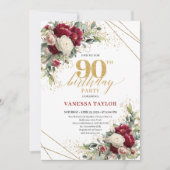 Refined Red and White Roses 90th Birthday Invite Einladung (Vorderseite)