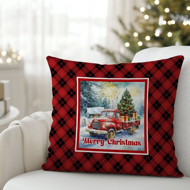 Refined red truck holiday scene rustic red green  kissen (Refined red truck holiday scene rustic red green pillow

)