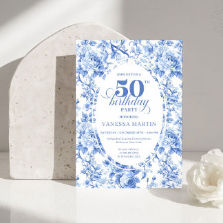 Refined Royal Blue Toile de Jouy Floral 50 Birthd Einladung