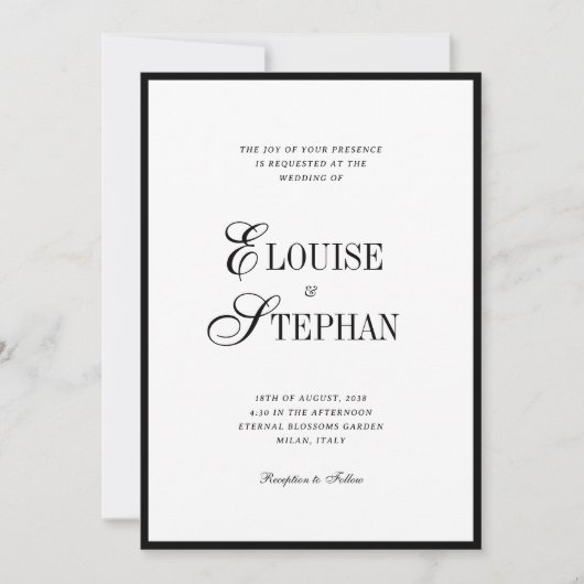 Refined Script Black White QR Code Details Wedding Einladung (Vorderseite)