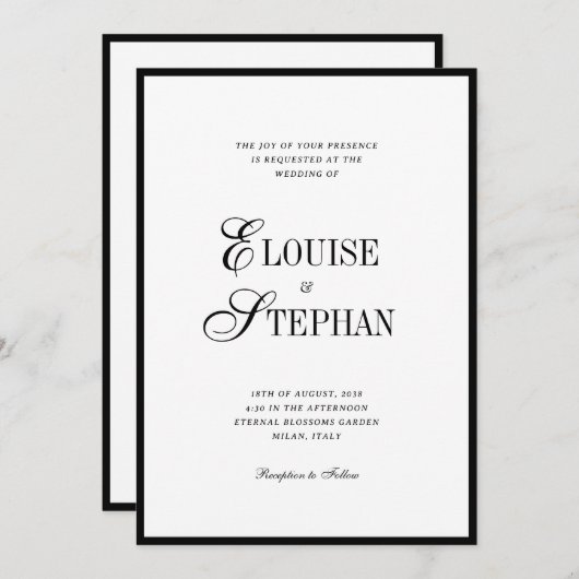 Refined Script Black White QR Code Details Wedding Einladung (Vorne/Hinten)