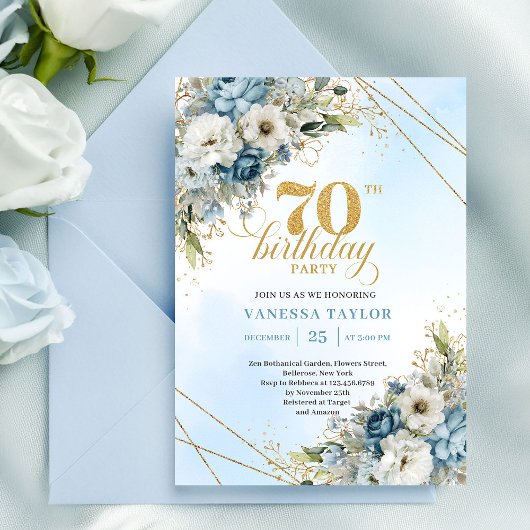 Refined watercolor blue florals gold 70th birthday einladung