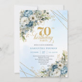 Refined watercolor blue florals gold 70th birthday einladung (Vorderseite)