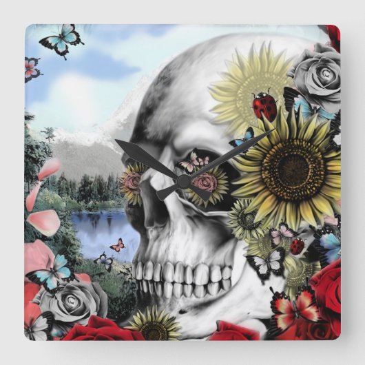 Reflection, landscape skull. quadratische wanduhr (Vorderseite)