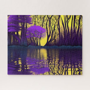 Reflektion der lila und gelben Wälder im Wasser Puzzle