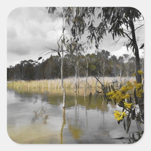 Reflektionen unter grauem Himmel Quadratischer Aufkleber (Vorderseite)