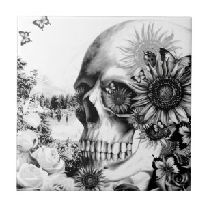 Reflexion. Blumenlandschaftsschädel Fliese