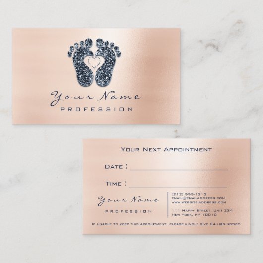 Reflexologie Rose Glitzer Blaue Navy Ernennung Terminkarte (Vorne/Hinten)
