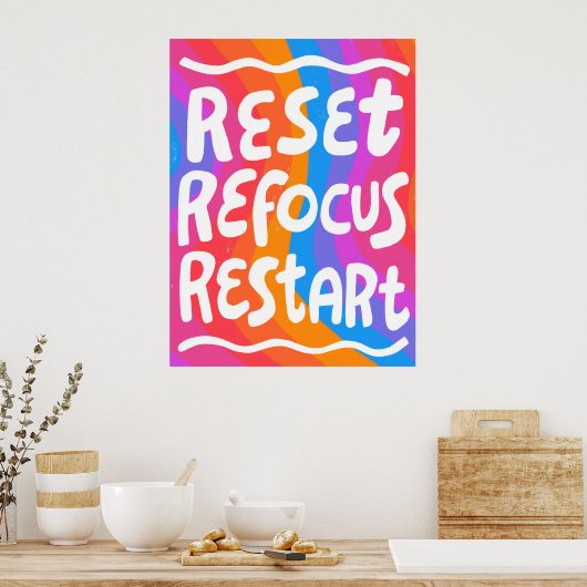REFOCUS RETART NEUSTART Farbige Fun Bubble Letters Poster (Küche)