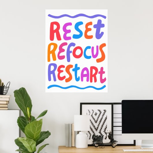 REFOCUS RETART NEUSTART Farbige Fun Bubble Letters Poster (Heimbüro)