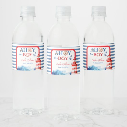 Refreshing Striped Blue Red Nautical Ahoy Boy Wasserflaschenetikett (Flaschen)