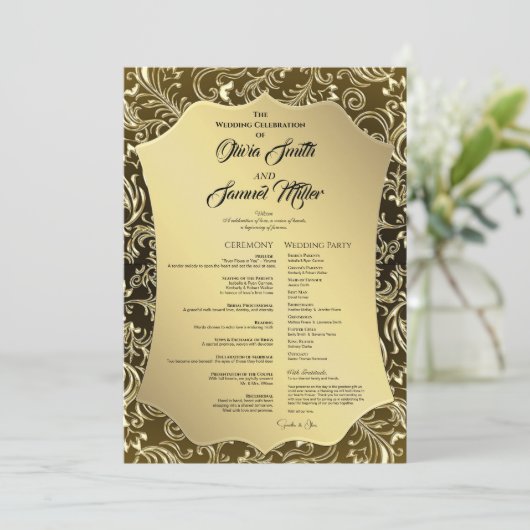 Regal Black Gold Damask Wedding Program Einladung (Stehend Vorderseite)