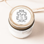 Regal Black und White | Vintager Barockrahmen Runder Aufkleber<br><div class="desc">Diese eleganten und luxuriösen,  schwarz-weißen Hochzeitsaufkleber verfügen über einen Vintagen Linienrahmen mit verziertem Barockstil. Das Design ist schwarz auf weißem Hintergrund. Moderne Skriptkalligraphie,  die "danke" sagt,  und klassischer Text mit Ihren Namen machen dies zu einer klassischen und dennoch modernen Wahl für Ihre Hochzeit.</div>