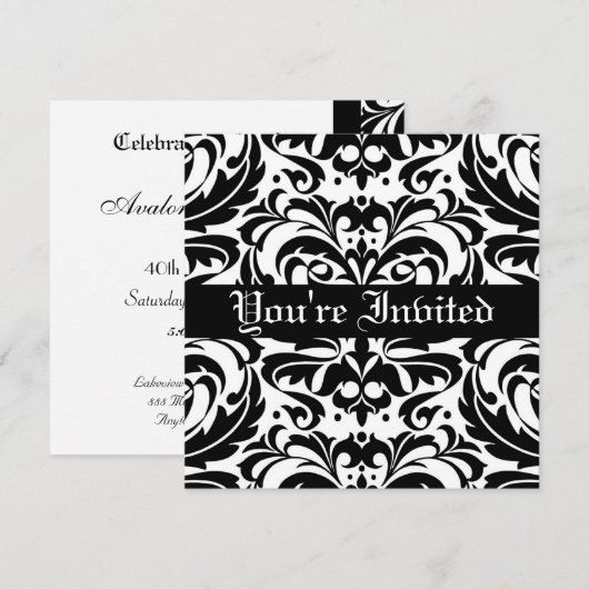 Regal Black & White Damask Scroll Einladung (Vorne/Hinten)