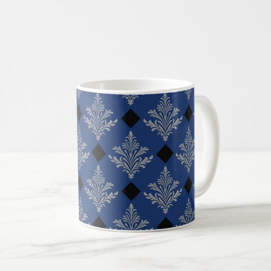 Regal Blue Black & Silver Damask Style Tasse (VorderseiteRechts)