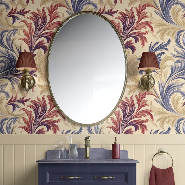 Regal Blühte Elegance Beige, Burgund & Blue Tapete (Regal Flourish Elegance - Beige, Burgundy, and Blue - Traditional Peel and Stick Wallpaper)