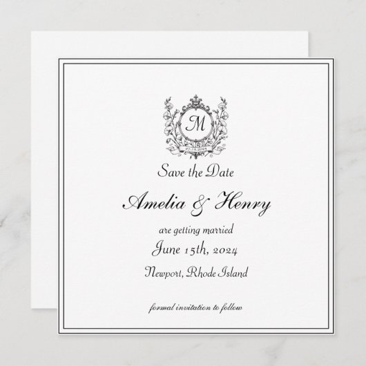 Regal Classic formale Monogram Wappen Wedding Save The Date (Vorne/Hinten)