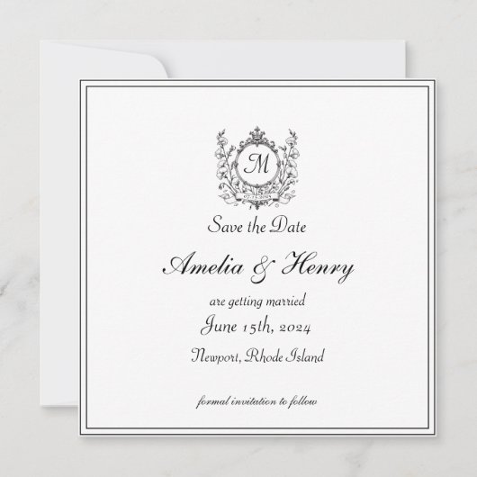 Regal Classic formale Monogram Wappen Wedding Save The Date (Vorderseite)