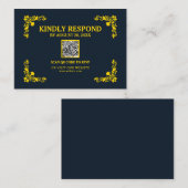 Regal Contrast Midnight Blue & Gold QR RSVP Card Begleitkarte (Vorne/Hinten)