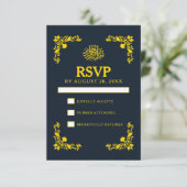 Regal Contrast Midnight Blue & Gold Wedding RSVP Karte (Stehend Vorderseite)