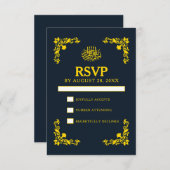 Regal Contrast Midnight Blue & Gold Wedding RSVP Karte (Vorne/Hinten)