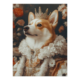 Regal Corgi Portrait with Crown and Floral Accents Poster