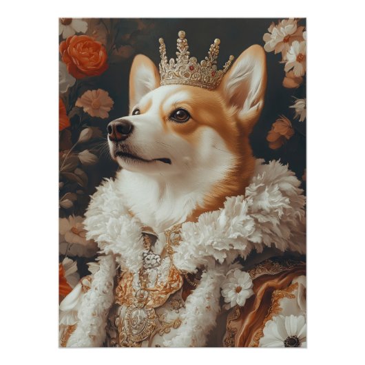 Regal Corgi Portrait with Crown and Floral Accents Poster (Vorderseite)