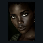 Regal Ebony Portrait Intense Gaze Gold Hoops Poster<br><div class="desc">A luminous close-up captures deep ebony skin sculpted by soft light, highlighting razor-sharp cheekbones, full glossy lips, and piercing hazel-green eyes framed by bold winged liner. Natural curls hug the face tightly while small gold hoops and rich green embroidered fabric add refined luxury against a velvety black backdrop. The portrait...</div>