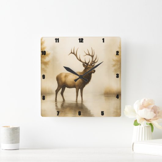 Regal Elk Impressive Antlers Misty Water Quadratische Wanduhr (Zuhause)