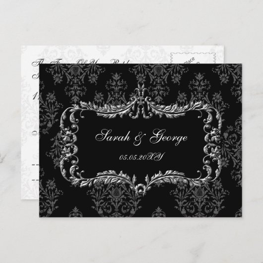 Regal geblüht schwarz-graue Damast uAwg Einladungspostkarte (Vorne/Hinten)