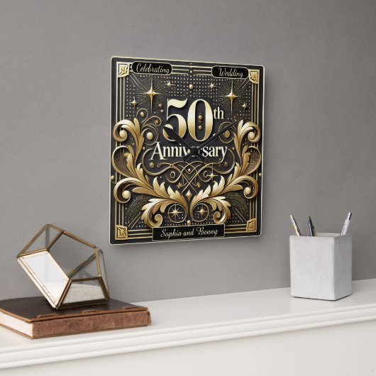 Regal Gold: 50 Jahre Meilenstein Quadratische Wanduhr (Büro)