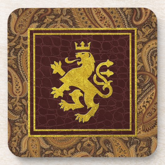 Regal Gold Lion Paisley und Leder Muster Getränkeuntersetzer (Vorderseite)