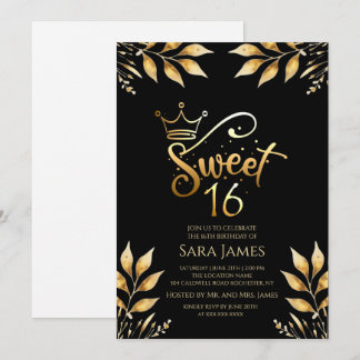 Regal Gold & Obsidian Sweet 16 Birthday Invitation Einladung
