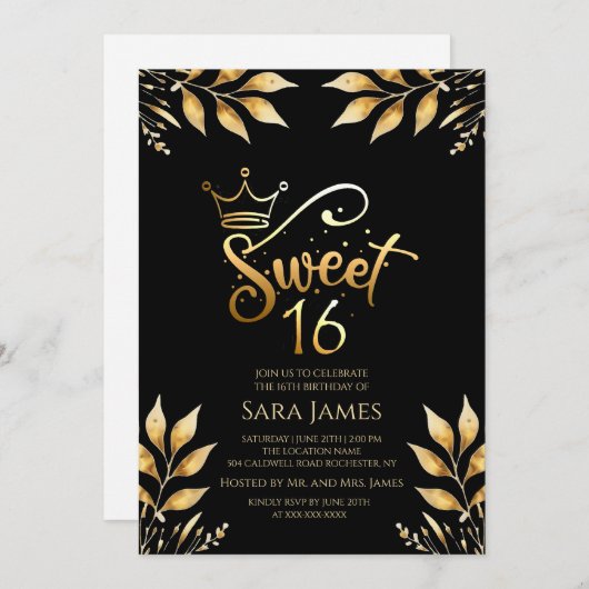 Regal Gold & Obsidian Sweet 16 Birthday Invitation Einladung (Vorne/Hinten)