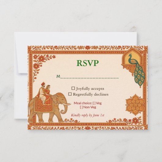 Regal Indian Floral Peacock RSVP Card Karte (Vorderseite)
