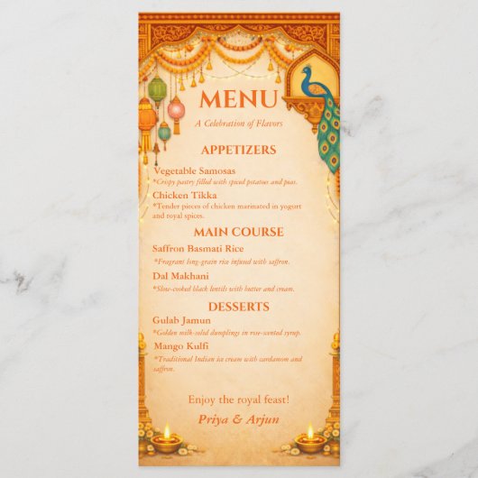 Regal Indian Wedding Menu Card | Gold & Saffron Menükarte (Vorderseite)