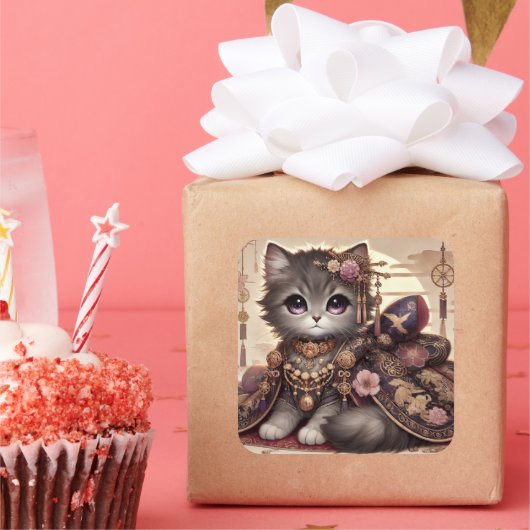 Regal Kimono Princess Cat Quadratischer Aufkleber (Party)