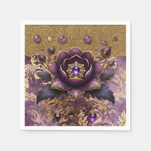 Regal Lila & Gold Jeweled Floral Napkin Serviette (Vorderseite)