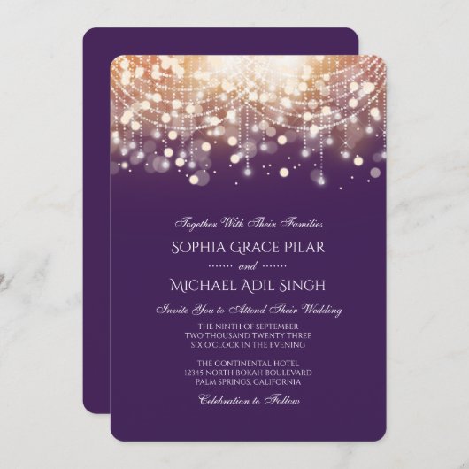 Regal Lila und Gold Bokeh Lights Einladung (Vorne/Hinten)