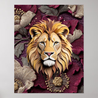 Regal Lion Bloom in Layered Paper-Cut Florals Poster