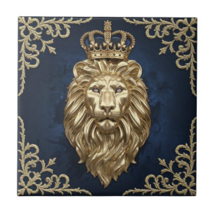 Regal Lion Design - Navy Blue & Gold Luxury Deco Fliese
