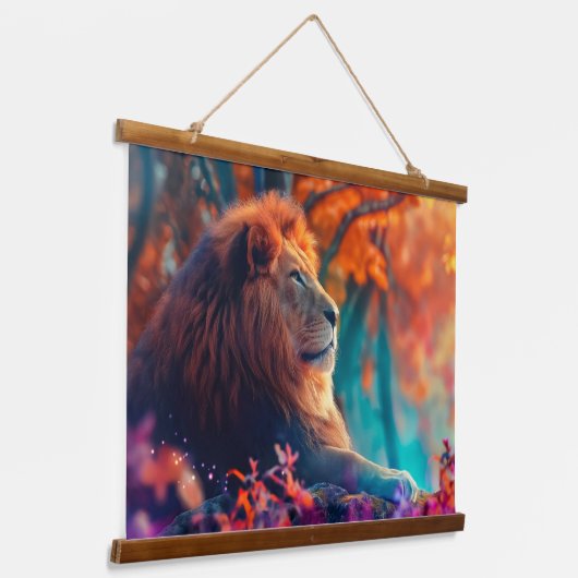 Regal Lion im verzauberten Walddesign Wandteppich Mit Holzrahmen (Gewinkelt)
