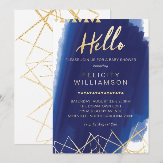 Regal Navy, Gold Watercolor Baby Shower Einladung (Vorne/Hinten)