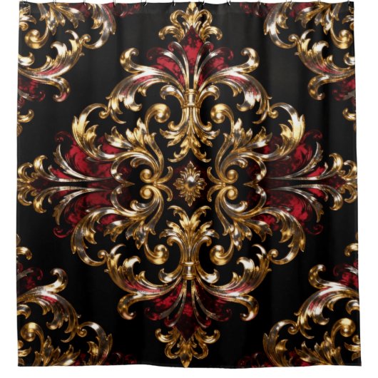 Regal Noir Pattern | Gold Scrollwork & Crimson Duschvorhang (Vorderseite)