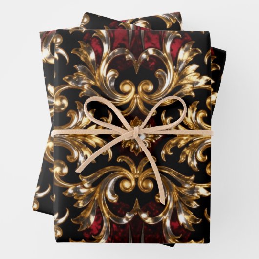 Regal Noir Pattern | Gold Scrollwork & Crimson Geschenkpapier Set (Beispiel)