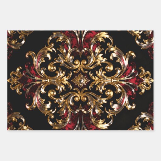 Regal Noir Pattern | Gold Scrollwork & Crimson Geschenkpapier Set (Vorderseite)