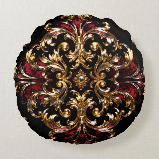 Regal Noir Pattern | Gold Scrollwork & Crimson Rundes Kissen (Vorderseite)