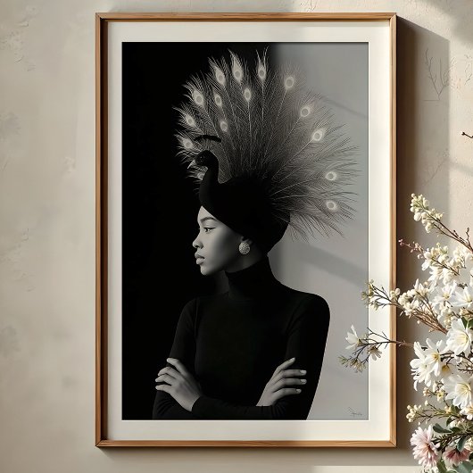 Regal Peacock: Monochrome Portrait Avant-Garde Poster
